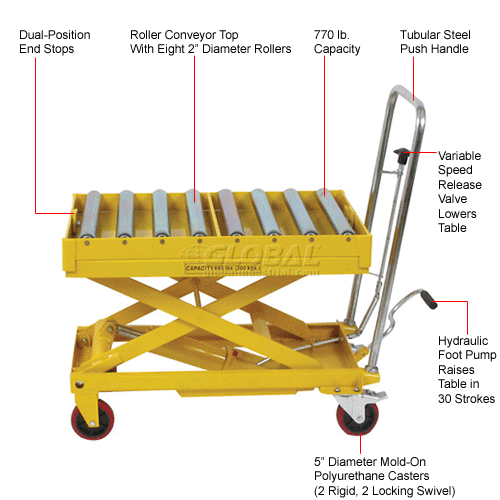Wesco® Mobile Lift 273269 with 321/2 x 191/2 Conveyor Table Top 770 Lb.