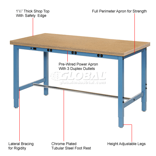 Global Industrial&#153; 48 x 30 Adjustable Height Workbench - Power Apron, Shop Top Safety Edge Blue