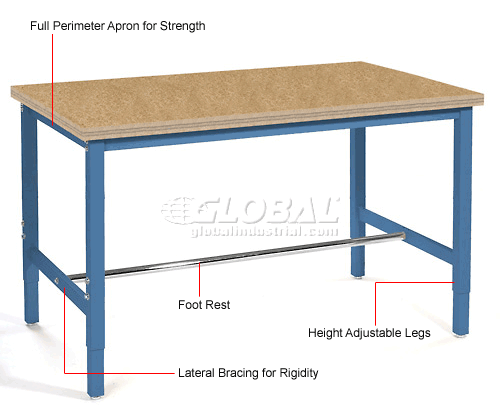 Global Industrial&#153; 48x30 Adjustable Height Workbench Square Tube Leg, Shop Top Square Edge Blue