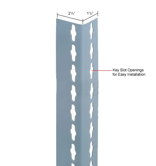A close-up of a gray metal upright with key slot openings for easy installation.