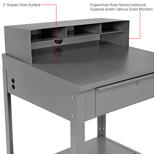 Shop Desk w Pigeonhole Compartments, Slope Top 34-1/2"W x 30"D x 38 to 42-1/2"H - Gray