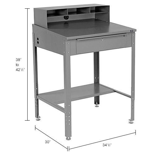 Shop Desk w Pigeonhole Compartments, Slope Top 34-1/2"W x 30"D x 38 to 42-1/2"H - Gray
