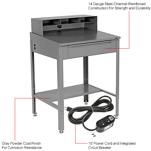 Slanted Shop Desk w/Pigeonhole Compartments and 15Ft Outlet 34-1/2"W x 30"D x 38 to 42-1/2"H - Gray