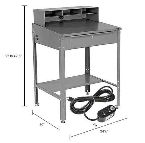 Slanted Shop Desk w/Pigeonhole Compartments and 15Ft Outlet 34-1/2"W x 30"D x 38 to 42-1/2"H - Gray
