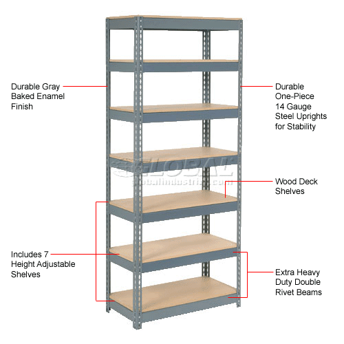 Extra Heavy Duty Steel Shelving - 7 Shelves with Wood Deck