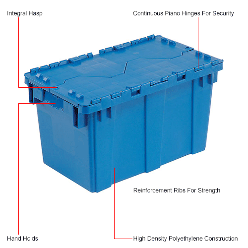 Global Industrial™ Plastic Attached Lid Shipping & Storage Container DC221312 223/8x13x13 BL