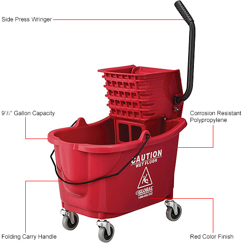 Global Industrial™ Mop Bucket And Wringer Combo 38 Qt., Side Press, Red