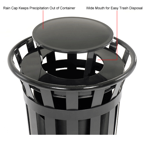 Global Industrial™ Outdoor Slatted Steel Trash Can With Rain Lid, 24 Gallon, Black