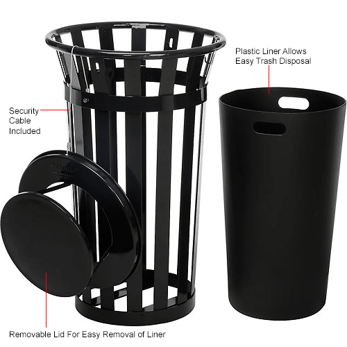 Global Industrial™ Outdoor Slatted Steel Trash Can With Rain Lid, 24 Gallon, Black