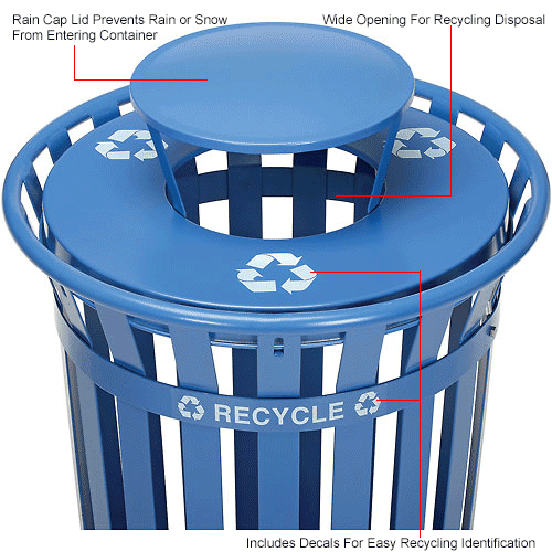 Global® Outdoor Steel Recycling Receptacle with Rain Bonnet Lid - 36 Gallon Blue
																			