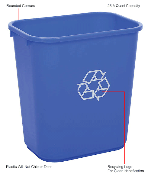 Global® 28-1/8 Qt. Plastic Recycling Wastebasket - Blue
																			