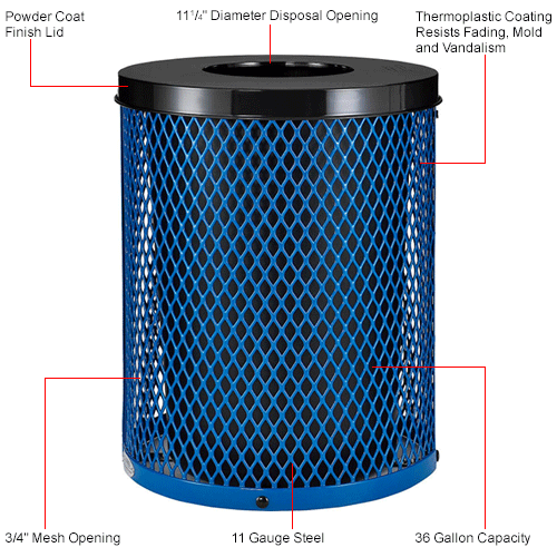 Global™ Thermoplastic 32 Gallon Mesh Receptacle w/Flat Lid - Blue 
																			
