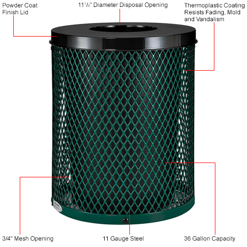 Global™ Thermoplastic 32 Gallon Mesh Receptacle w/Flat Lid - Green
																			