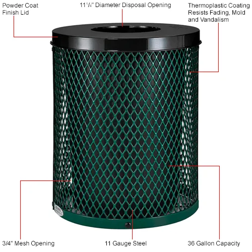 Global Industrial Thermoplastic Coated Mesh Receptacle w/Flat Lid, 36 Gallon, Green