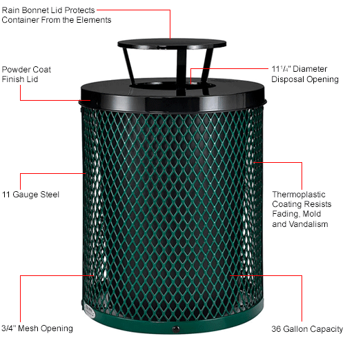 Global Industrial™ Outdoor Diamond Steel Trash Can With Rain Lid, 36 Gallon, Green