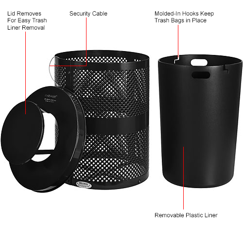 Global™ Thermoplastic 32 Gallon Perforated Receptacle w/Rain Bonnet Lid - Black
																			