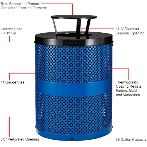  Global™ Thermoplastic 32 Gallon Perforated Receptacle w/Rain Bonnet Lid - Blue 
																			
