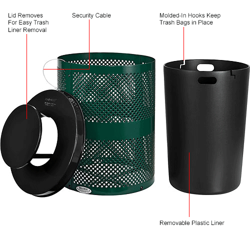 Global™ Thermoplastic 32 Gallon Perforated Receptacle w/Rain Bonnet Lid - Green
																			