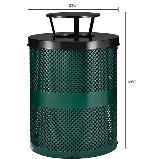 Global Industrial™ Outdoor Perforated Steel Trash Can With Rain Lid, 36 Gallon, Green