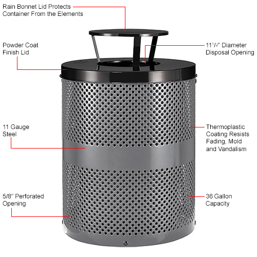 Global Industrial™ Outdoor Perforated Steel Trash Can With Rain Lid, 36 Gallon, Gray