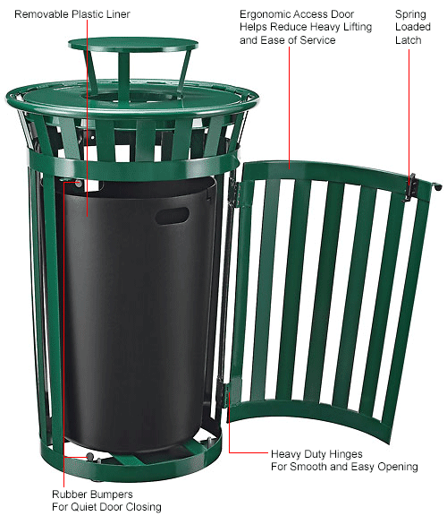 Global Industrial™ Outdoor Slatted Steel Trash Can W/Access Door & Rain Lid,36 Gal,Green