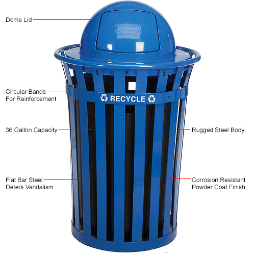 Global™ Outdoor Steel Recycling Receptacle with Dome Lid - 36 Gallon Blue
																			