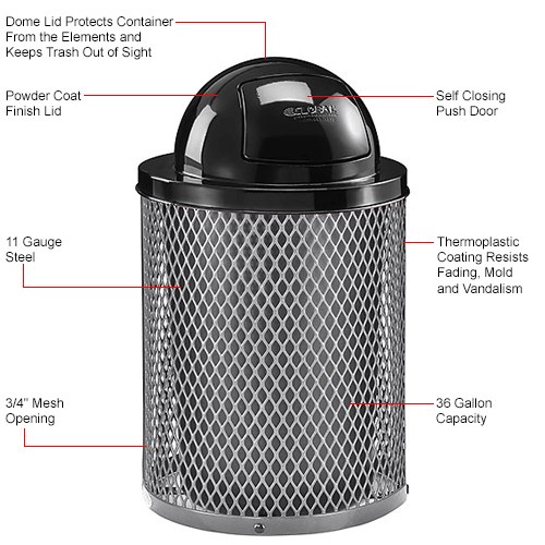 Global Industrial&#153; Thermoplastic Coated 32 Gallon Mesh Receptacle w/Dome Lid - Gray