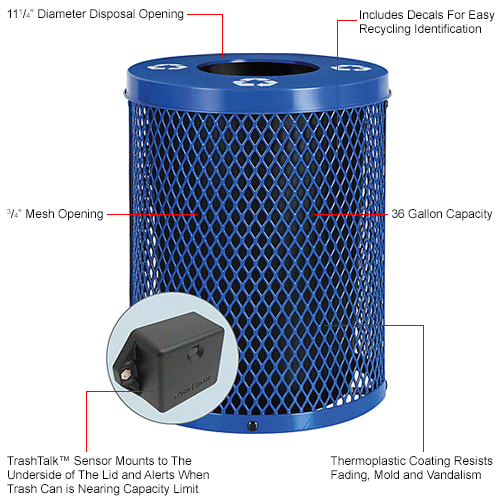 Global Industrial&#153; TrashTalk&#153; Thermoplastic Mesh Recycling Can w/Flat Lid, 36 Gal., Blue