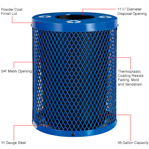  Global™ Thermoplastic 32 Gallon Mesh Recycling Receptacle w/Flat Lid - Blue
																			