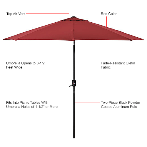 Outdoor Umbrella -Tilt Mechanism - Olefin - 8-1/2', Red
																			
