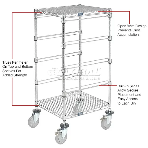 Global Industrial Chrome Wire Cart with (4) 6H Gray Grid Containers 21x24x40