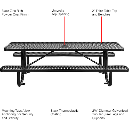 96 in. Rectangular Expanded Metal Picnic Table Black
																			
