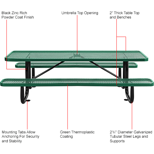 96 in. Rectangular Expanded Metal Picnic Table Green
																			
