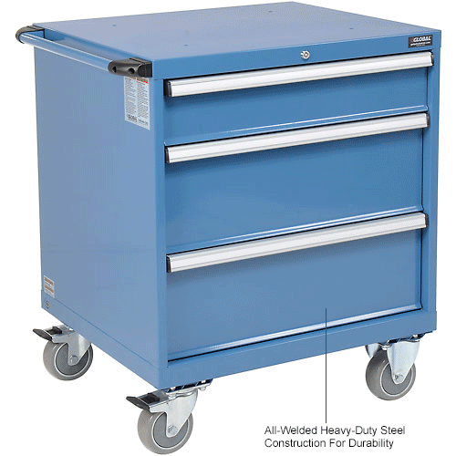 Global™ Mobile Modular Drawer Cabinet, 3 Drawers, w/Lock, w/o Dividers, 30x27x36-7/10, Blue 
																			