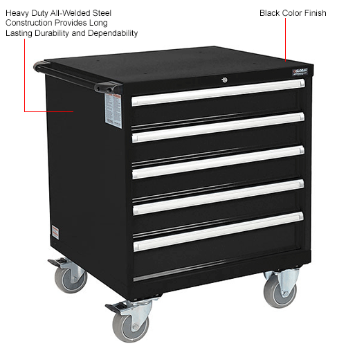 Global&#8482;Mobile Modular Drawer Cabinet, 5 Drawers, w/Lock w/o Dividers 30"Wx27"Dx36-7/10"H Black