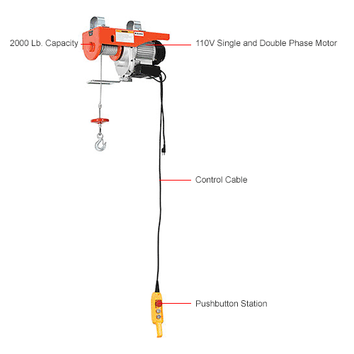 Global Industrial™ Electric Cable Hoist, 2000 Lb. Capacity