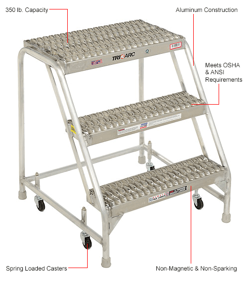 3 Step Aluminum Rolling Ladder, 24 W Grip Step, W/O Handrails
																			