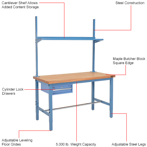 Global Industrial&#153; 60x30 Production Workbench Maple Square Edge - Drawer, Upright & Shelf BL