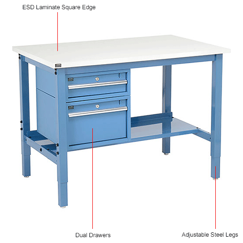Global Industrial&#153; 60"W x 30"D Production Workbench - ESD Square Edge - Drawers & Shelf - Blue