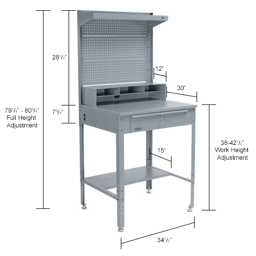 Shop Desk w/ Pigeonhole Storage - Pegboard w/Shelf 34-1/2"W x 30"D x 38 to 42-1/2"H- Flat Top -Gray
