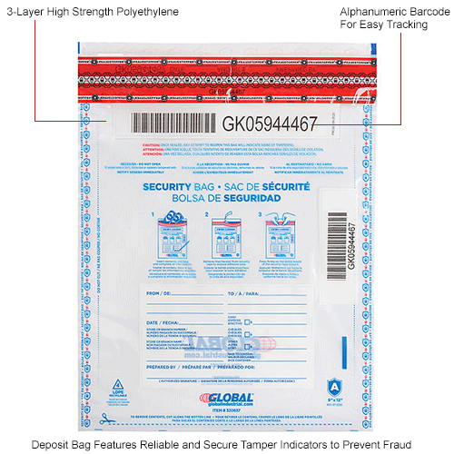 Global Industrial&#153; FraudStopper&#153; Tamper Evident Clear Deposit Bag, 9"W x 12"H, 100/Pack