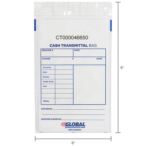 Global Industrial&#153; Cash Transmittal Clear Bag, 6"W x 9"H, 100/Pack