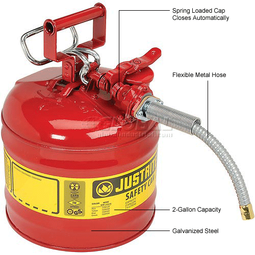 Justrite® Type II Safety Can - 2-Gallon with 5/8" Flexible Spout, Red, 7220120
																			