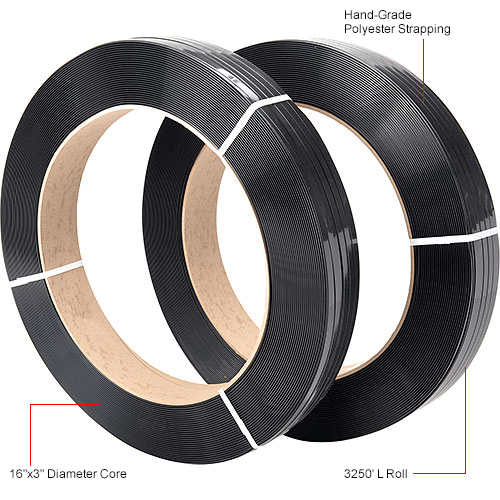 Polyester Strapping 1/2" x .028" x 3,250' Black 16" x 3" Core