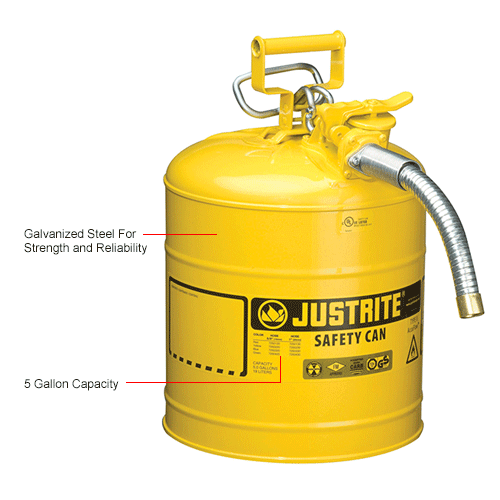 Justrite&#174; Safety Can Type II Accuflow&#8482; 5 Gallon Galvanized Steel W/ 1" Hose, 7250230