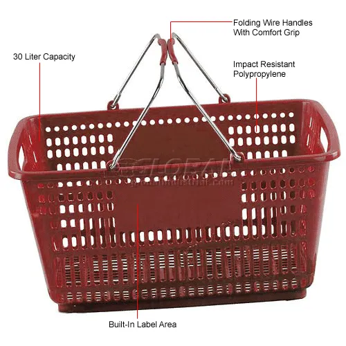 VersaCart ® Red Plastic Shopping Basket 30 Liter w/ Plastic Grips