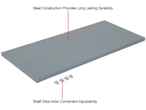 A gray metal shelf with 4 small metal clips below and descriptive text about its features.