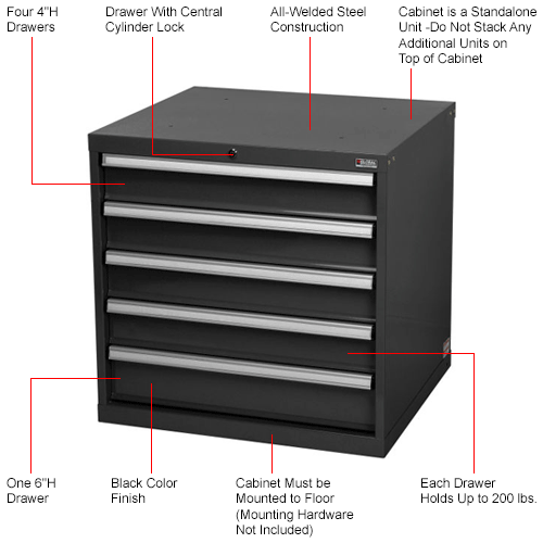 Global&#8482; Modular Drawer Cabinet, 5 Drawers, w/Lock w/o Dividers 30"Wx27"Dx29-1/2"H Black