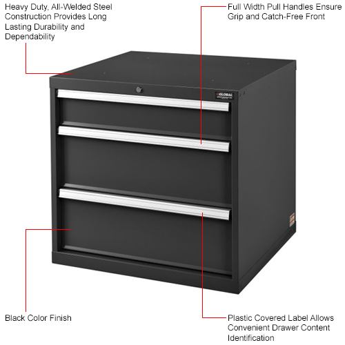 Global&#8482; Modular Drawer Cabinet,  3 Drawers, w/Lock, w/o Dividers, 30x27x29-1/2, Black