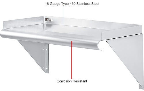 Global Industrial&#153; Wall Mount Shelf with 1.5 Inch Lip 18 Gauge 430 Stainless Steel 24 x 12